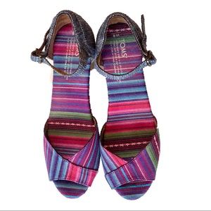 Toms multicolor + chambray wedge sandals; size 8